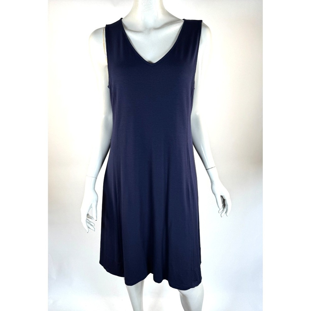 Eileen Fisher A-line Tank Dress Women M EUC V-neck Stretch Viscose Jersey Navy